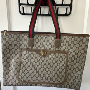 New Price!! GUCCI GG Plus Monogram Tote - LARGE w Sherry Line Strap & Zip Close